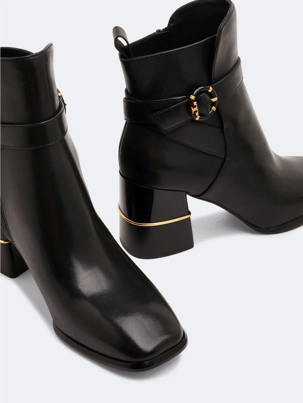TORY BURCH Logo Buckle Square-Toe Ankle Boots in Black Leather 10 - Picture 2 of 14